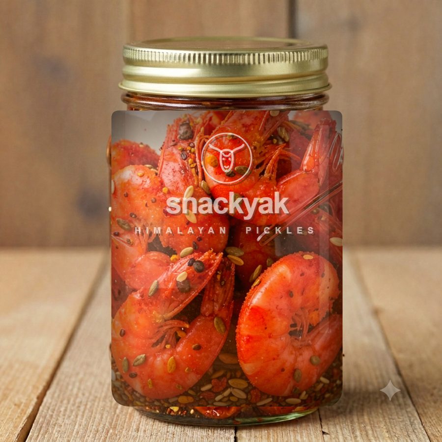 Jar of prawn pickle in spiced mustard oil