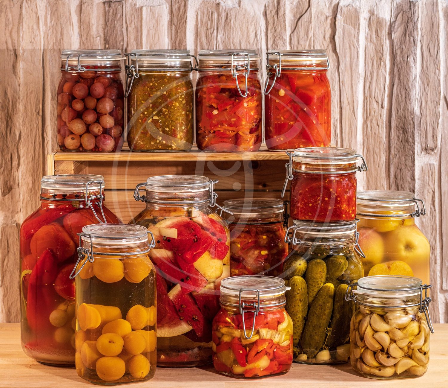 A pantry shelf of handmade SnackYak pickle jars
